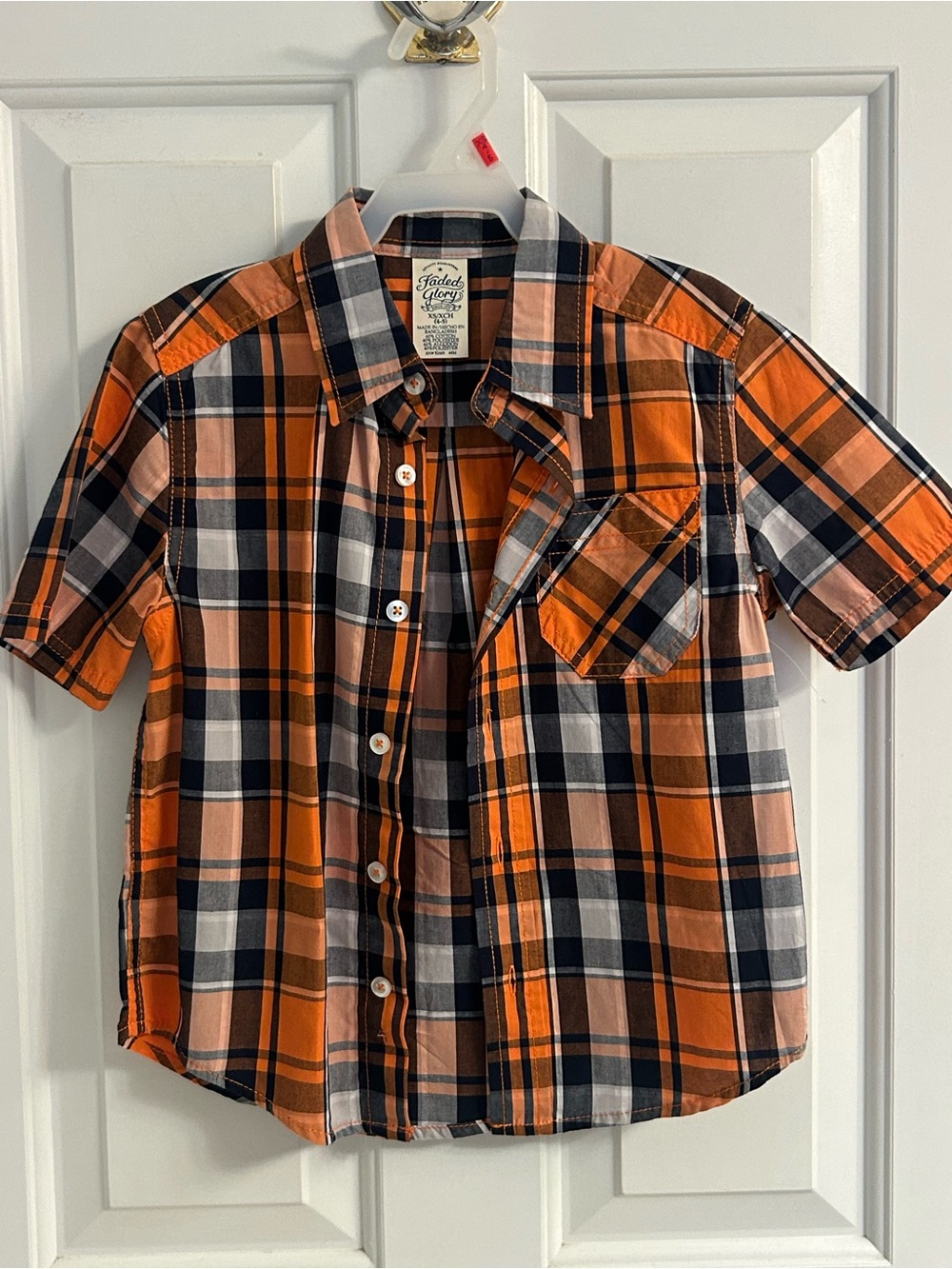 NWOT-Boys Faded Glory Orange and Black Plaid Short-Sleeve Button-Down Shirt